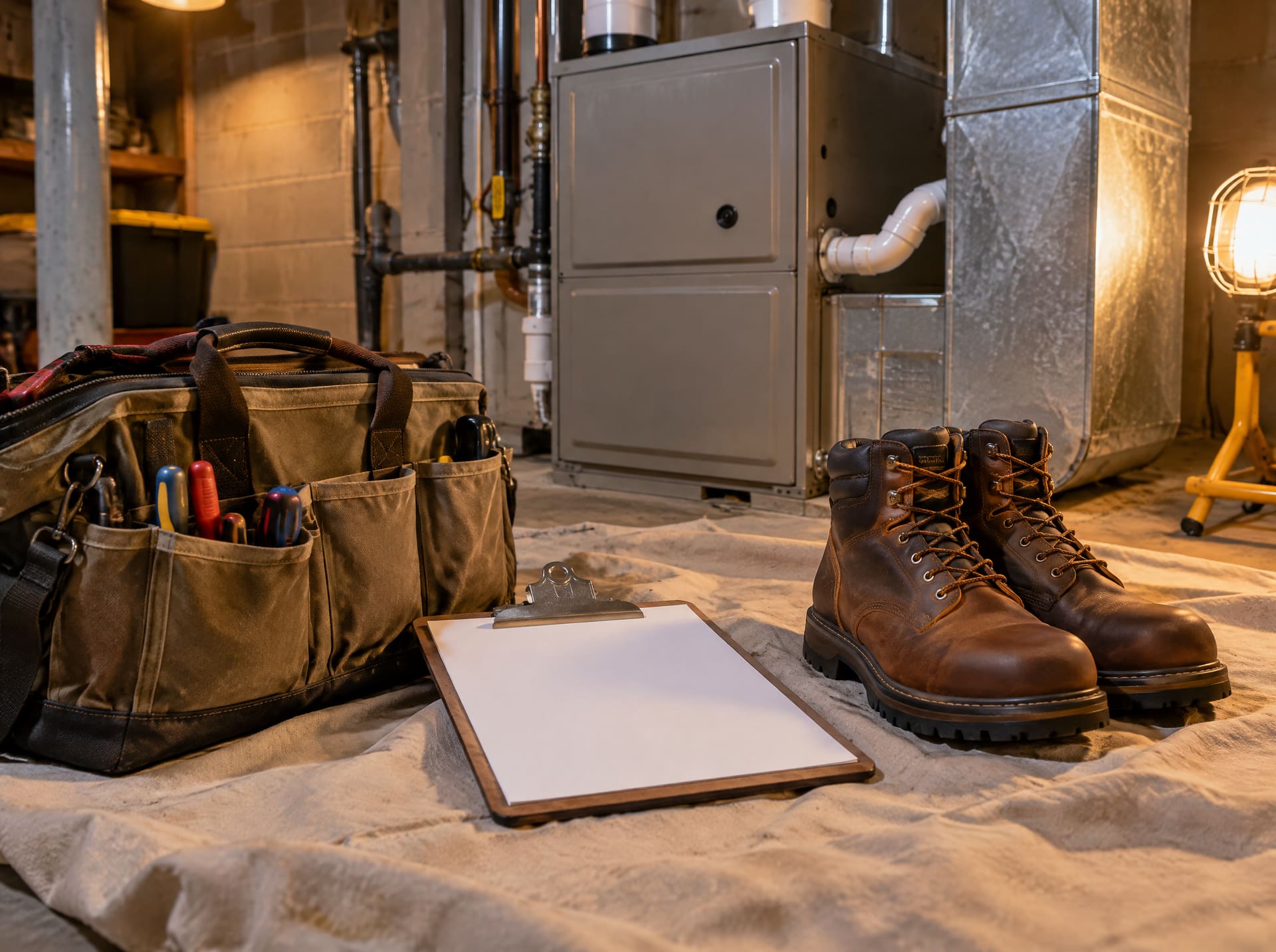 A technician's tool bag, clipboard and work boots on a drop cloth in front of a residential furnace