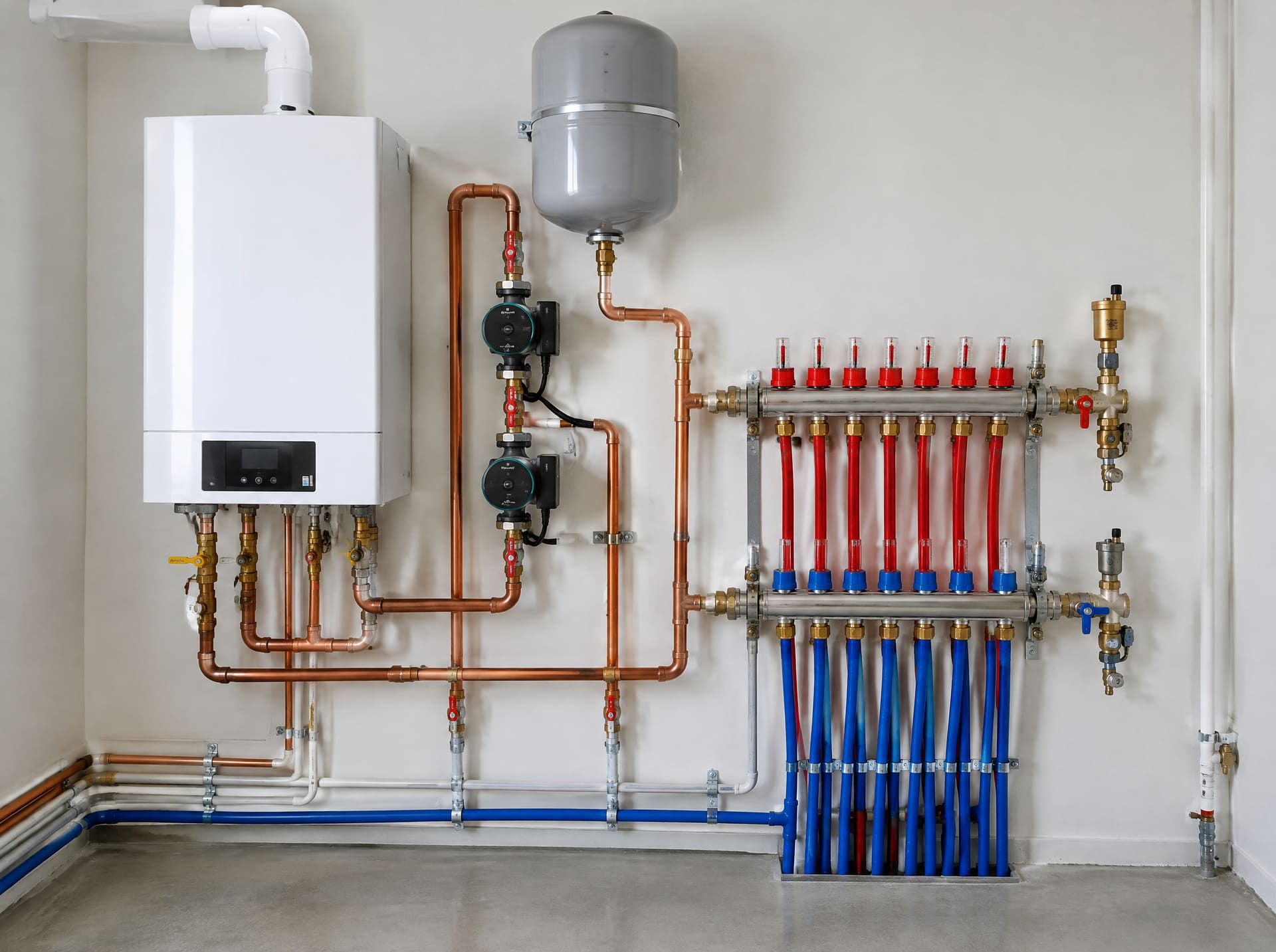A wall-hung condensing boiler with copper manifold and radiant floor zone valves
