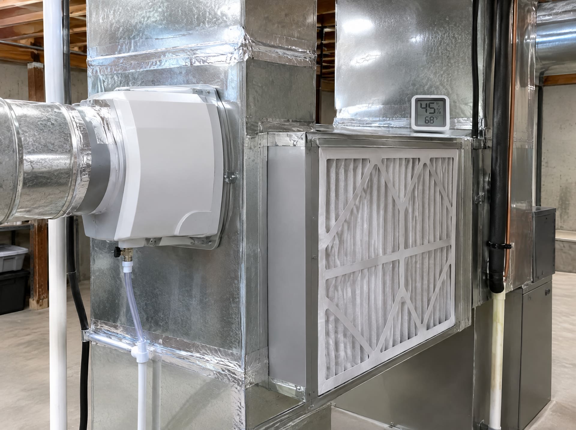 A bypass humidifier and media filter cabinet installed on basement ductwork
