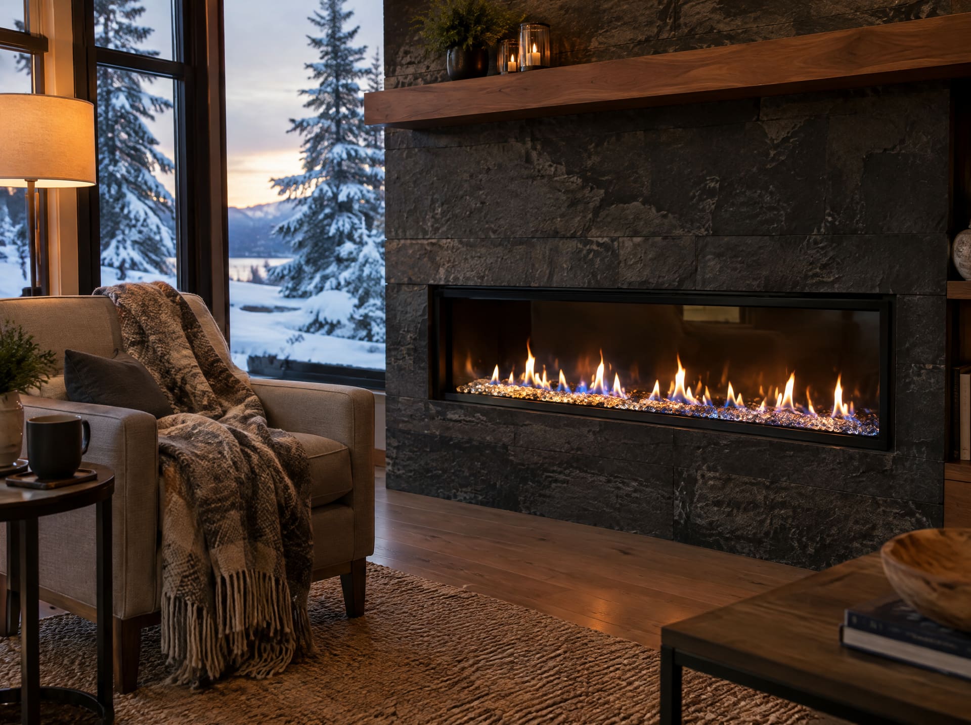 A lit linear gas fireplace in a stone surround with snow visible through the window