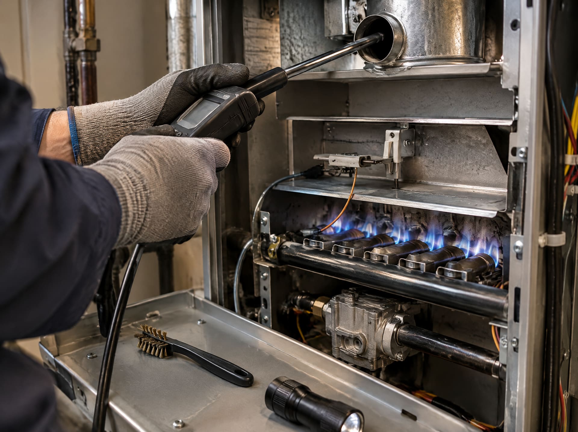 A technician checks flue gases with a combustion analyzer during a furnace tune-up