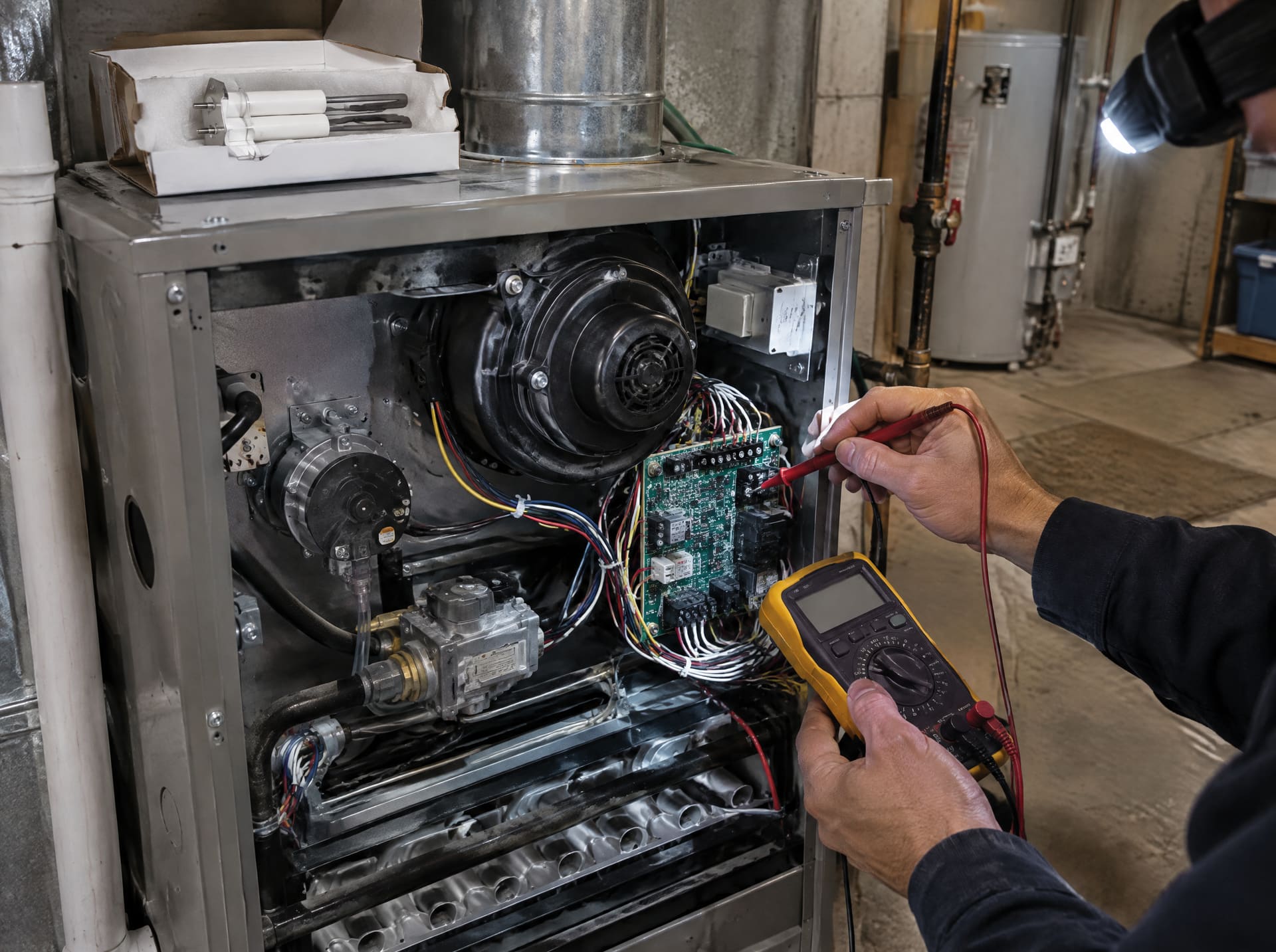 A technician tests a furnace control board with a multimeter during a repair